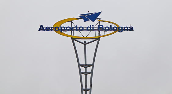 Bologna - Italy - February 6, 2021: Road sign of Guglielmo Marconi Airport of Bologna. Aeroporto di Bologna