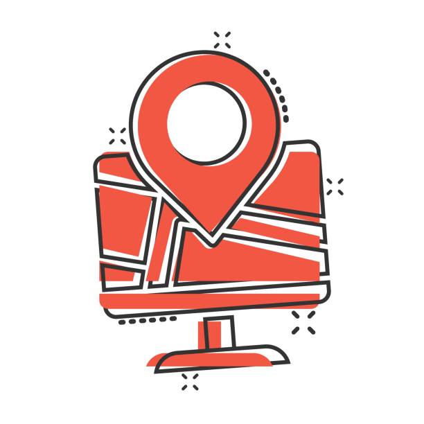 istock Computer navigation icon in comic style. Monitor pin gps cartoon vector illustration on white isolated background. City area location splash effect business concept. 1300944697