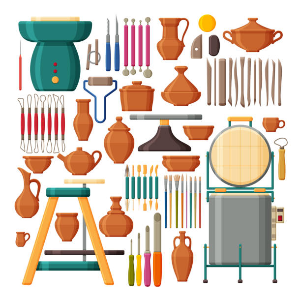 도자기 도구 와 장비세트. 점토 식기의 컬렉션. 머플 로와 도자기 바퀴 - shaping clay stock illustrations