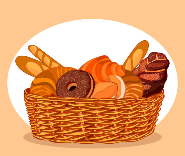 Bakery basket. Fresh, sweet bread in the basket. vector Bakery basket. Fresh, sweet bread in the basket. whole wheat sesame bagel bread stock illustrations