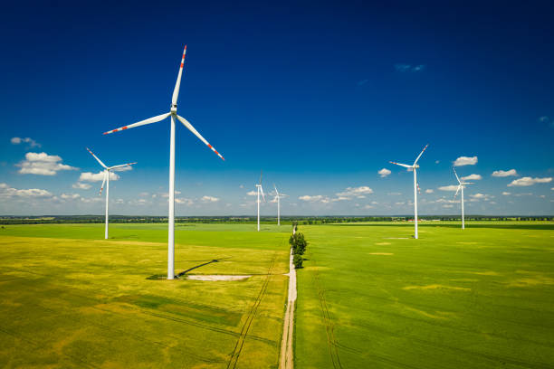 istock White wind turbine on green field in sunny day 1300946697