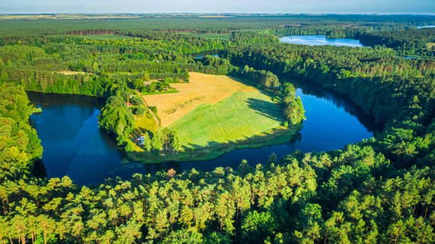 Blue winding river and green forests in summer Blue winding river and green forests in summer, Poland bory tucholskie stock pictures, royalty-free photos & images