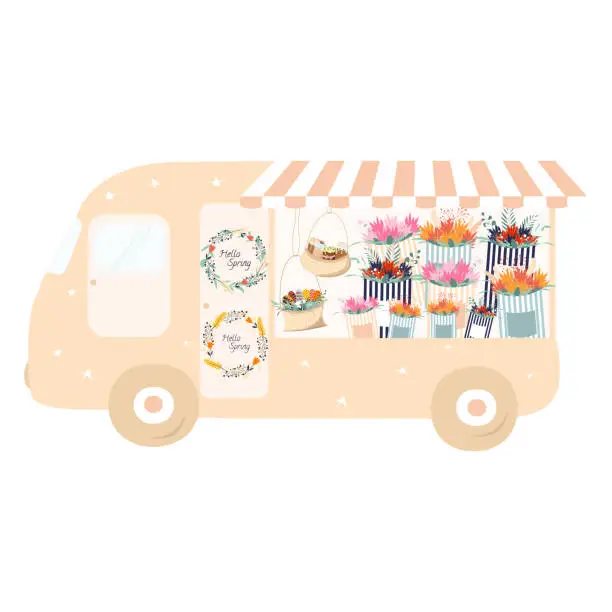Vector illustration of beige van with striped canopy selling flower bouquets