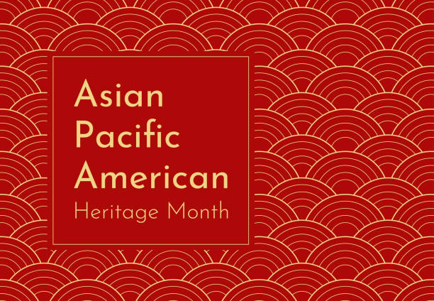 帶紅色日本波浪背景的向量設計。文本 - 亞太裔美國傳統月。美國歷史上這些民族承認文化和成就的海報。金框架 - 東亞文化 幅插畫檔、美工圖案、卡通及圖標