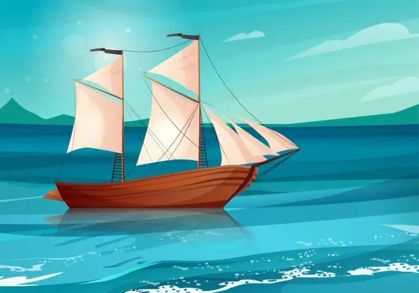 Vector illustration of Sailing ship with black flags in the sea. Wooden sailboat on water.