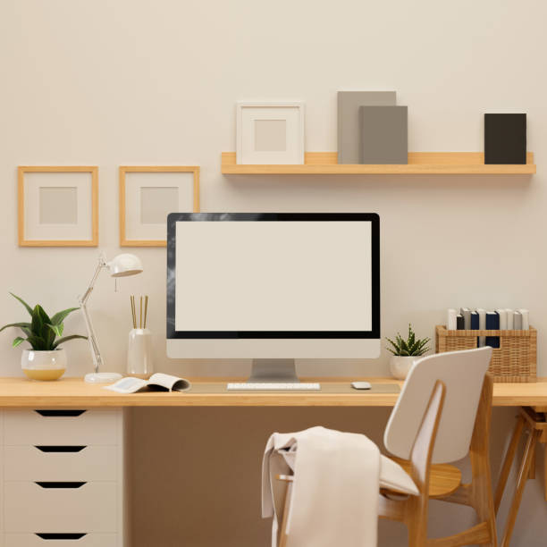 istock 3D rendering, home office room with computer, supplies and decorations, 3D illustration 1300952979