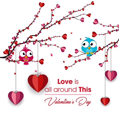 Cute and happy birds with hearts. Birds in love. Valentine's Day. Love forever. Birds and hearts. Isolated. Postcard. Wedding card.