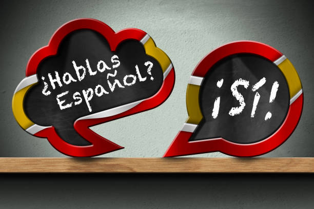 hablas espanol and si - two speech bubbles on wooden shelf - spain flag built structure cloud imagens e fotografias de stock