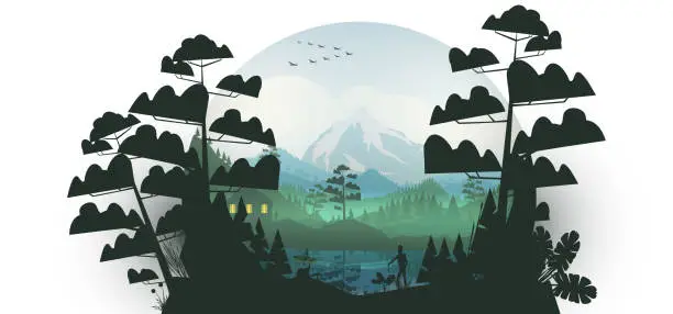 Vector illustration of Lake with kayak in a pine forest, and mountains