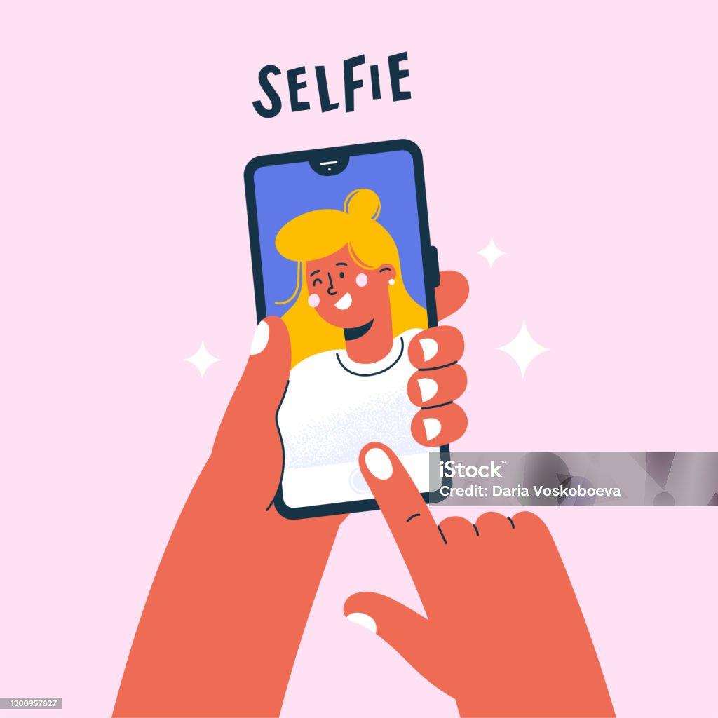 Akıllı telefonda selfie fotoğrafı çeken genç kadın. Cep telefonunu tutan eller. - Royalty-free Özçekim Vector Art