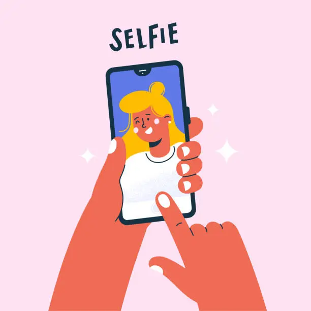 Vector illustration of Young woman taking selfie photo on smartphone. Hands holding mobile phone.