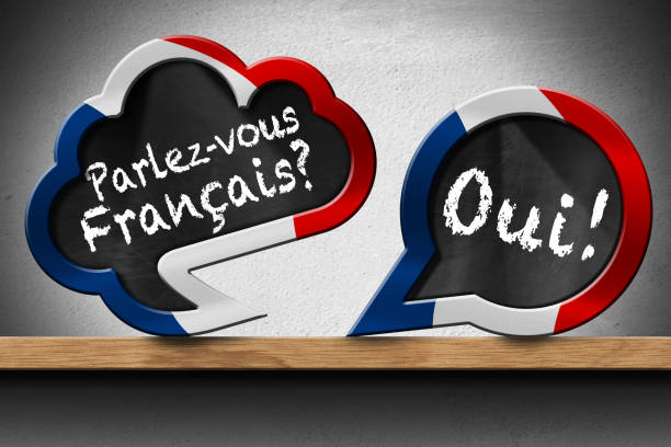 istock Parlez-vous Francais and Oui - Two Speech Bubbles on Wooden Shelf 1300958022