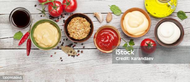 Set Of Various Sauces Popular Sauces In Bowls Stock Photo - Download Image Now - Condiment, Salsa Sauce, Seasoning