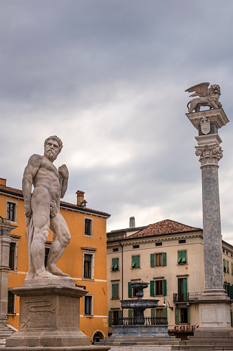 The seventeenth century statue of Cacus and the Column bearing the Venetian Lion are two of the noteworthy monuments in Piazza Libertà, Udine.