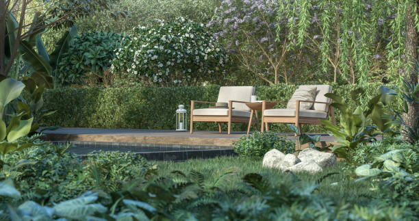 terrasse en bois dans le jardin tropical 3d rendre - furniture patio outdoors lounge photos et images de collection