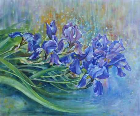 Oil painting on canvas. Painting. Purple irises flowers in the rain.