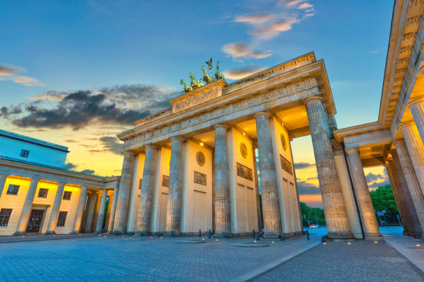 istock Berlin Germany, sunset city skyline at Brandenburg Gate (Brandenburger Tor) 1300963215