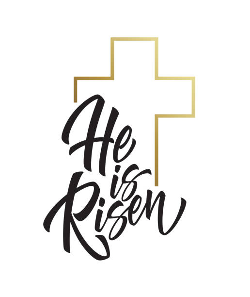 er ist auferstanden schriftzug isoliert auf weißem hintergrund. symbol für glückwünsche zur auferstehung christi. vektor-illustration - cross cross shape easter christianity stock-grafiken, -clipart, -cartoons und -symbole