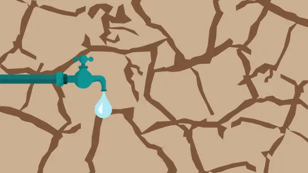 Vector illustration of Water tap with drop in dry cracked land soil.