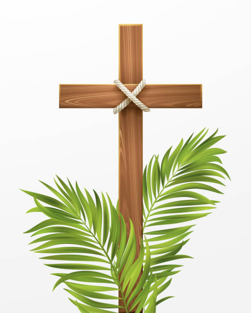 krzyża chrześcijańskiego. gratulujemy niedzieli palmowej, wielkanocy i zmartwychwstania chrystusa. ilustracja wektorowa - cross cross shape wood crucifix stock illustrations