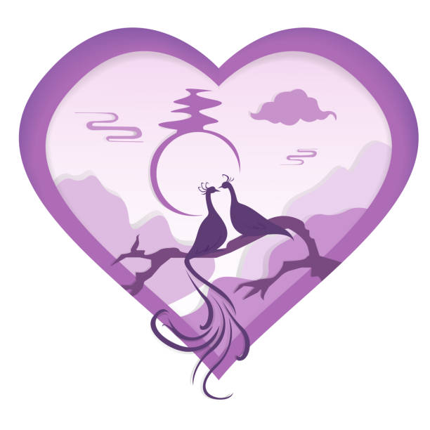 illustrazioni stock, clip art, cartoni animati e icone di tendenza di biglietto luminoso con uccelli innamorati di san valentino. carino biglietto di san valentino con un paio di uccelli del fuoco di colore viola isolati su sfondo bianco. illustrazione vettoriale - illustration and painting valentines day individuality happiness