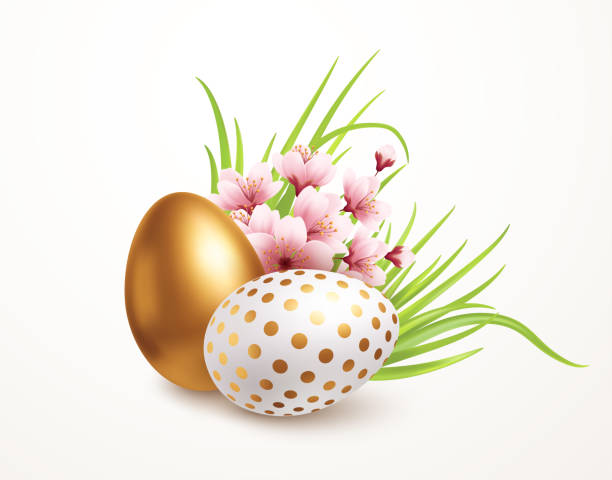 현실적인 부활절 달걀과 봄 꽃과 행복한 부활절 인사 말다. 벡터 일러스트레이션 - easter vector corner nature stock illustrations