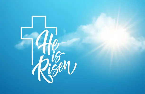 Vector illustration of He was resurrected lettering against a background of clouds and sun. Background for congratulations on the Resurrection of Christ. Vector illustration