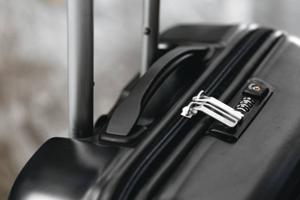 istock Luggage suitcase for trips standing in hotel lobby 1300965167