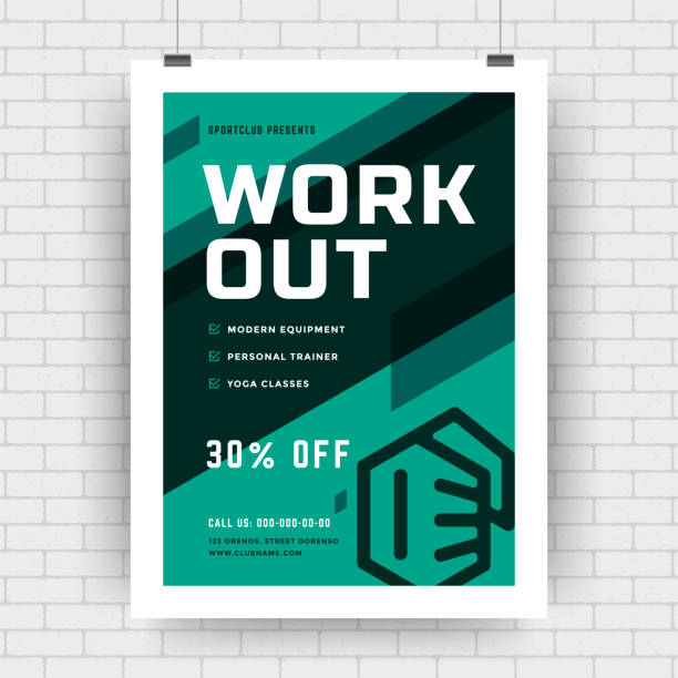 Fitness center flyer modern typographic layout event cover design template with bodybuilder fist silhouette Fitness center flyer modern typographic layout event cover design template with bodybuilder fist silhouette. Vector Illustration. gym designs stock illustrations