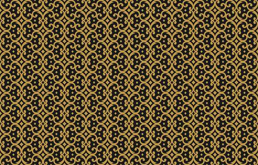 Vintage ornament seamless vector pattern damask gold ornate vignettes swirls. Classic background for fabric or wallpaper and packaging.