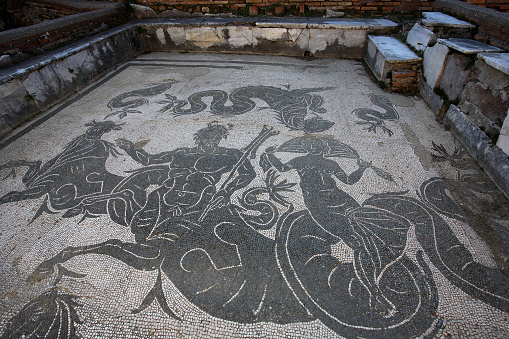 Antakya Turkey, November 26, 2022 : Mosaics in Antakya Museum Hotel, Hatay, Turkey. Detailed mosaic pattern from the ancient Roman period in Hatay, Turkey.