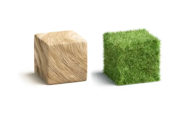 Photo of Blank wood and grass surface cube mockup set