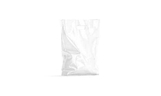 bolsa splástica de corte troquelado blanco en blanco, maqueta de agujero de mango - shopping bag white isolated blank fotografías e imágenes de stock
