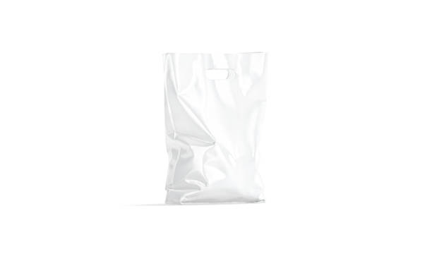 Blank white small full die-cut splastic bag, handle hole mockup Blank white small full die-cut splastic bag, handle hole mockup, 3d rendering. Empty crumpled packet with grocery stuff, half-turned view, isolated. Clear carrying bagful for shopping template. small plastic bag stock pictures, royalty-free photos & images