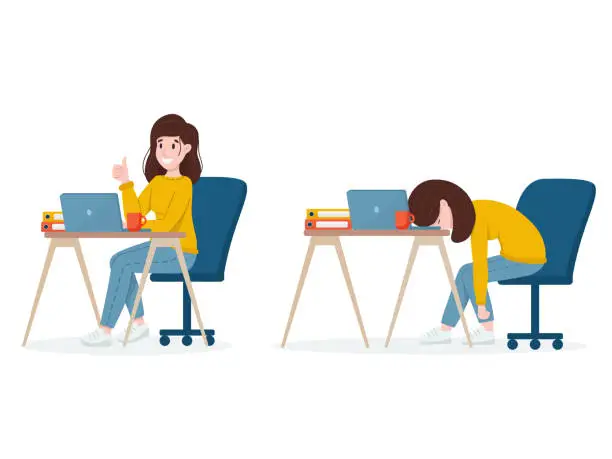 Vector illustration of Modern flat design illustration on tired worried woman working hard and calm lady doing work. Burnout concept at work.