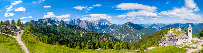Village Lussari with the sanctuary on the Holy Mountain of Lussari (Monte Santo di Lussari) in the Julian Alps (9 shots stitched)
