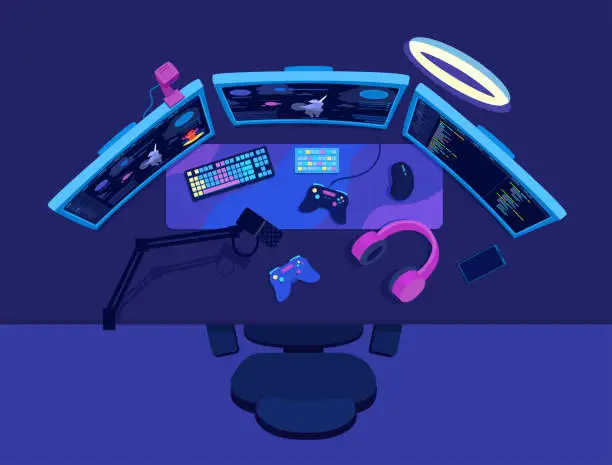 Vector illustration of The desktop workspace of a video game streamer, gamer. Broadcast equipment. PC gaming flat lay. Three displays, condenser microphone, gamepad, headphones.
