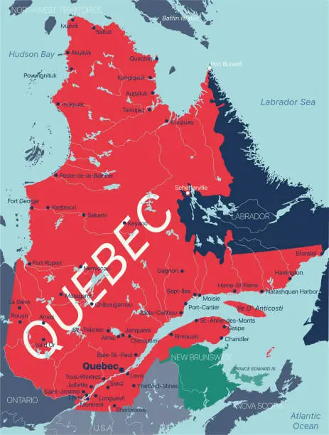 Vector illustration of Quebec province vector editable map of the Canada