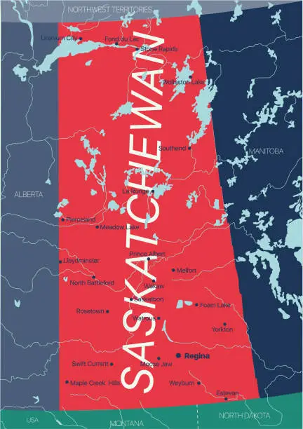 Vector illustration of Saskatchewan province vector editable map of the Canada
