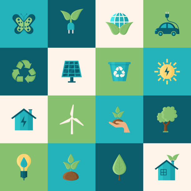 illustrazioni stock, clip art, cartoni animati e icone di tendenza di set di icone per la sostenibilità dell'ambiente flat design - industrial windmill nature recycling computer icon