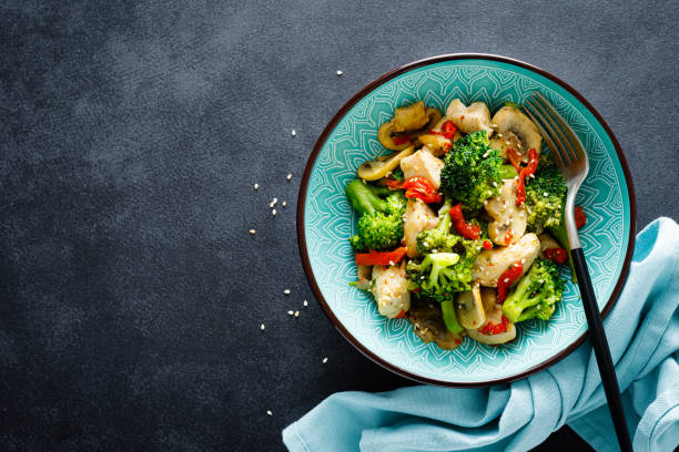 istock Chicken stir fry with vegetables and mushrooms. Top view 1300969410