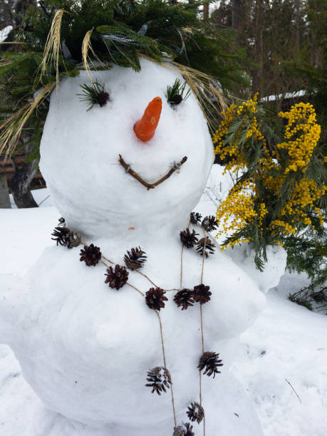 istock Snowman decorated with mimosa, beads, strobilus, carrot 1300969494