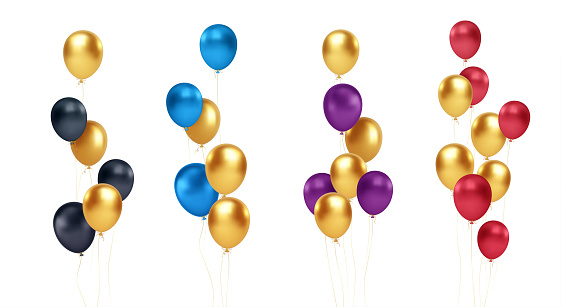 Set of festive bouquets of gold, blue, red, black and purple balloons isolated on white background. Vector illustration EPS10