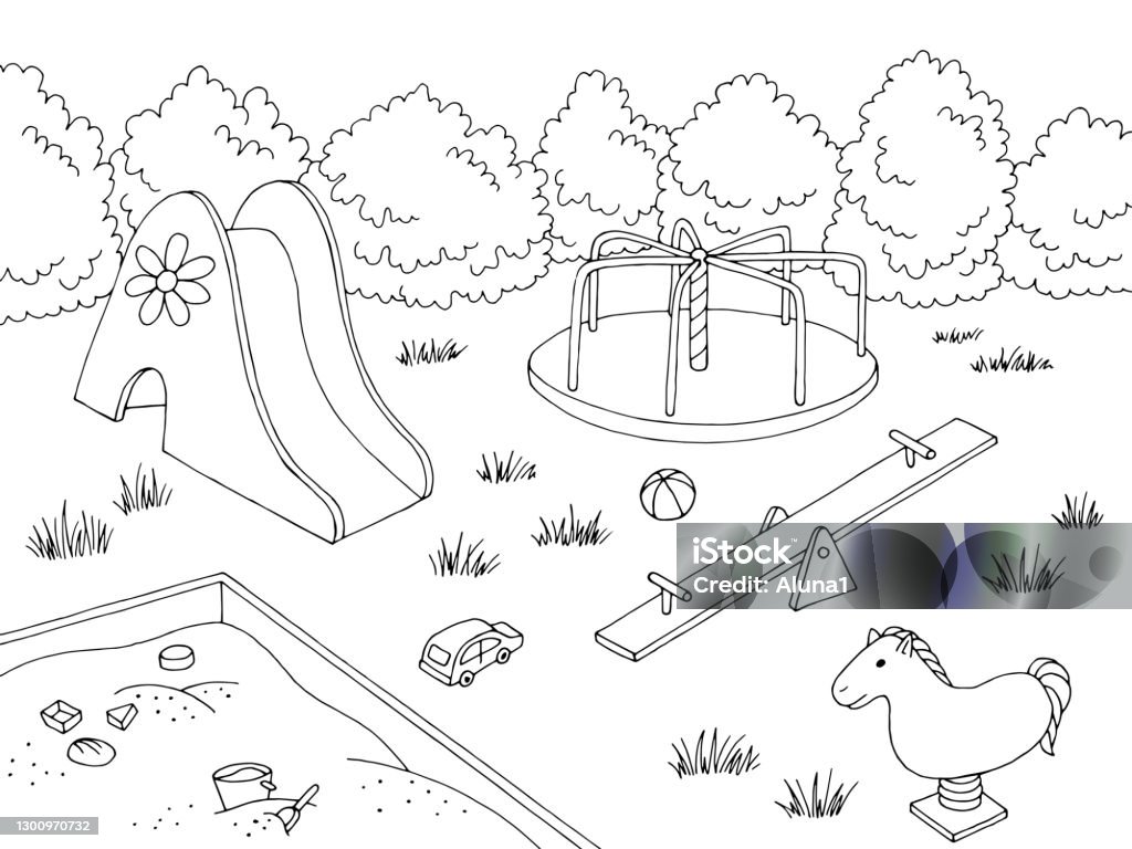 Taman bermain grafis hitam putih lanskap sketsa ilustrasi vektor - Bebas Royalti Taman bermain - Tempat umum vektor stok