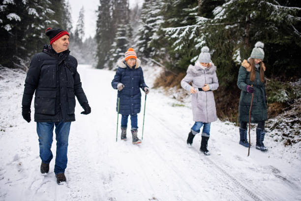 mehrgenerationenfamilie beim wandern im winterwald. - family grandmother multi generation family nature stock-fotos und bilder