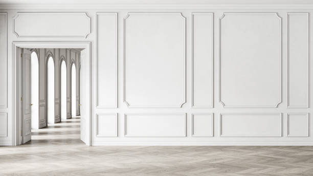 istock Classic white empty interior with wall panels, open door and wooden floor. 1300972432