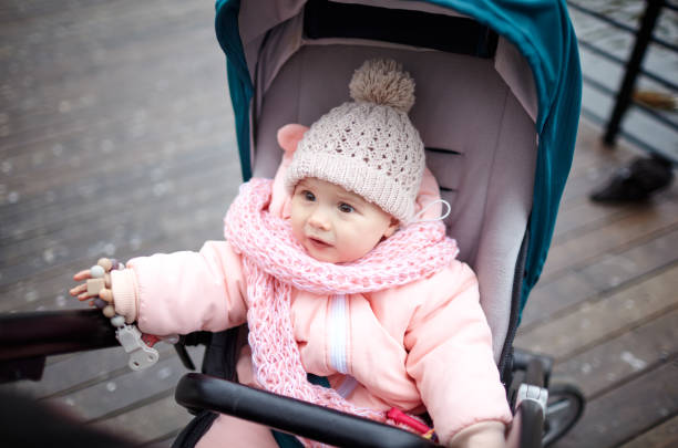 istock Baby in stroller on a walk in autumn park 1300972686