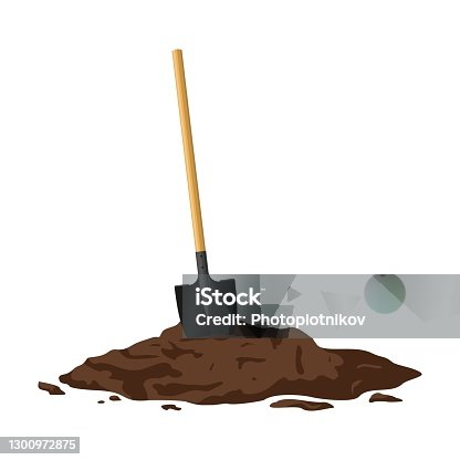 istock Shovel in a pile of soil isolated on white background. Work tool for outdoor activities, digging, gardening. Construction equipment in heap of dirt. 1300972875