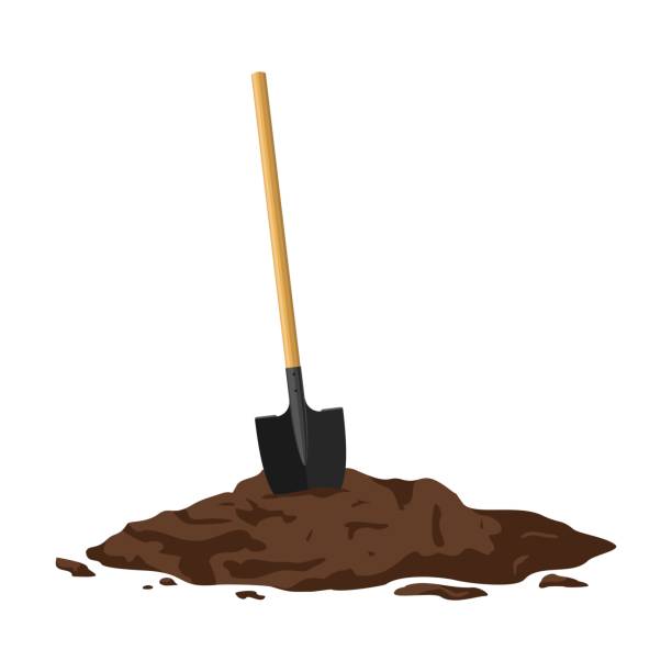 Shovel in a pile of soil isolated on white background. Work tool for outdoor activities, digging, gardening. Construction equipment in heap of dirt. Shovel in a pile of soil isolated on white background. Work tool for outdoor activities, digging, gardening. Construction equipment in heap of dirt. Vector illustration. dirt hole stock illustrations