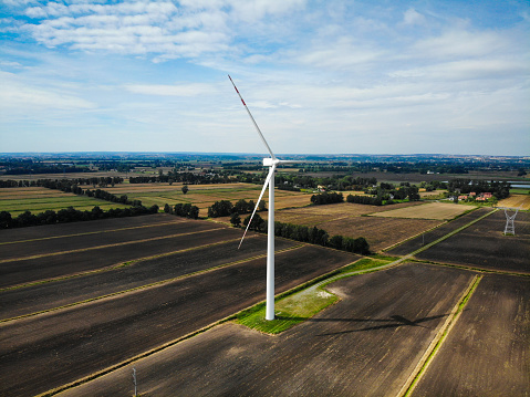 Wind turbine renewable energy aerial view agriculture field